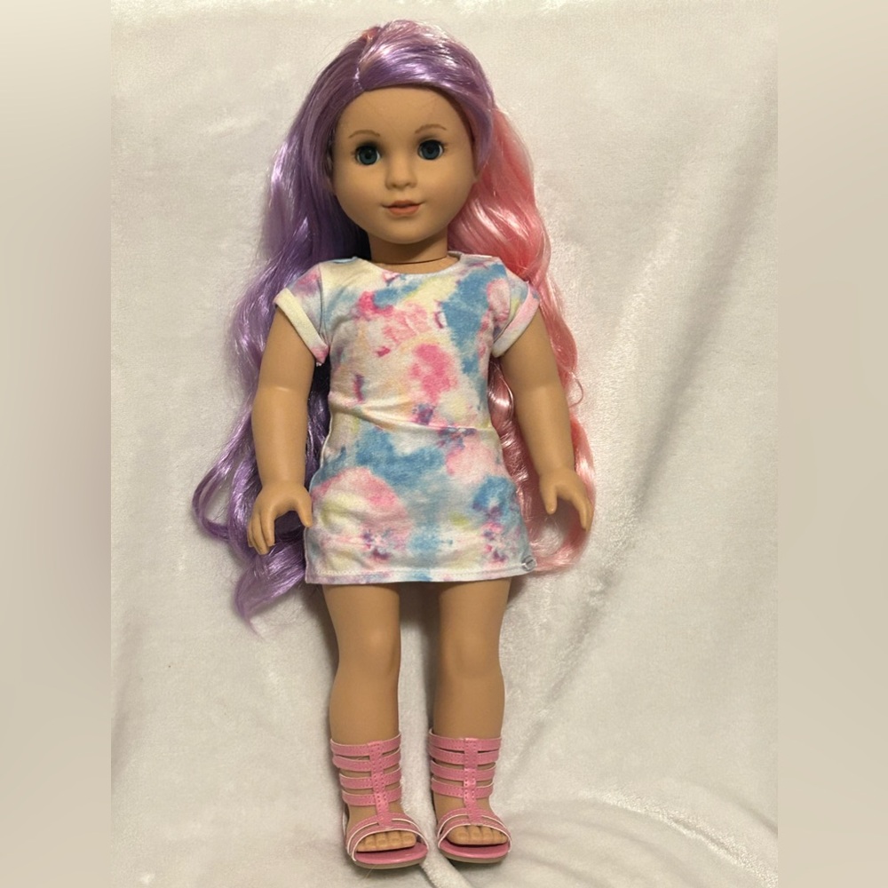 American Girl Doll with Purple and Pink Hair and Pastel Tie-Dye Dress